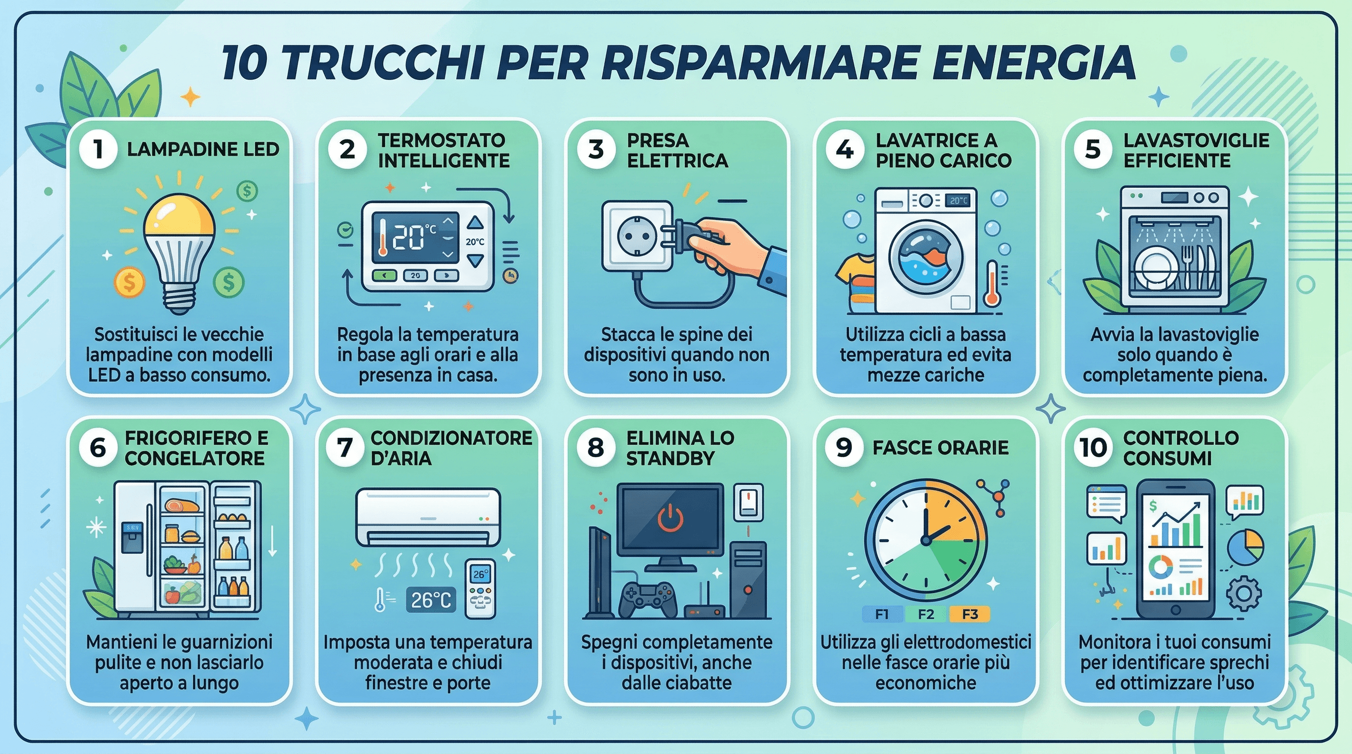Infografica con 10 trucchi per risparmiare sulla bolletta elettrica