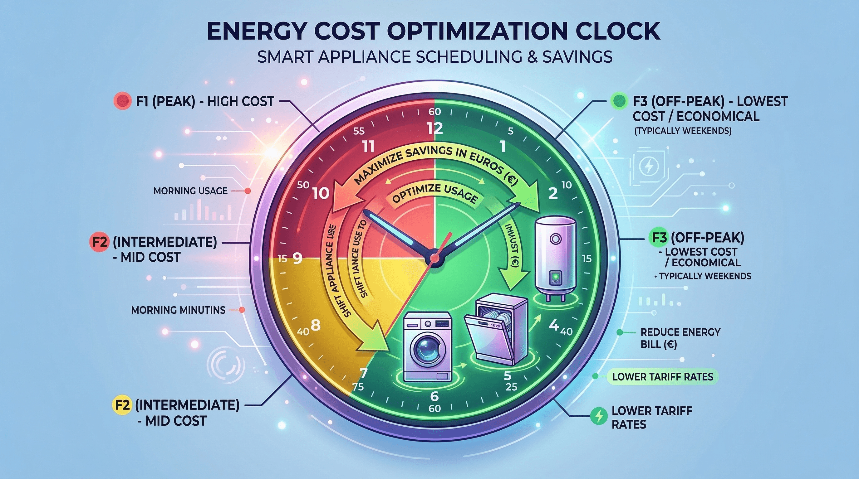 Infografica fasce orarie F1 F2 F3 con elettrodomestici automatizzati