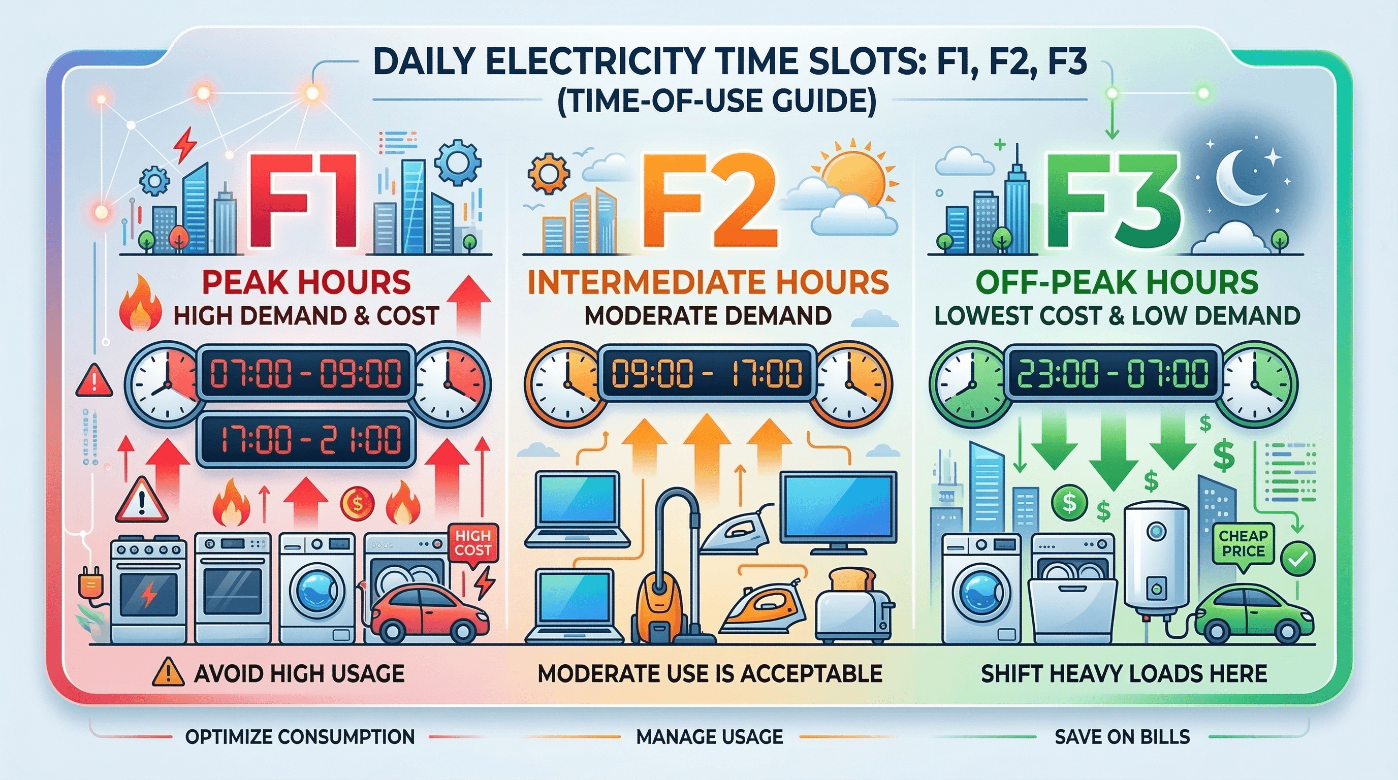 Infografica delle tre fasce orarie F1, F2 e F3 con orari e consigli per l'uso degli elettrodomestici