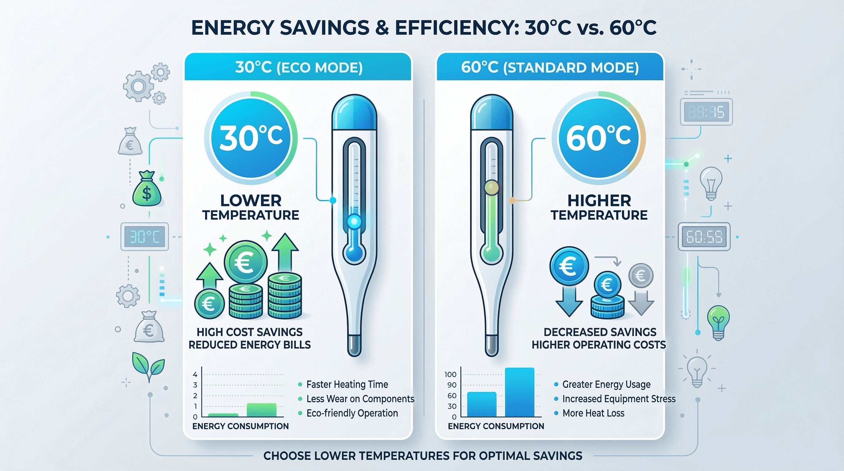 Confronto visivo tra lavaggio a 30 gradi e 60 gradi con calcolo del risparmio energetico