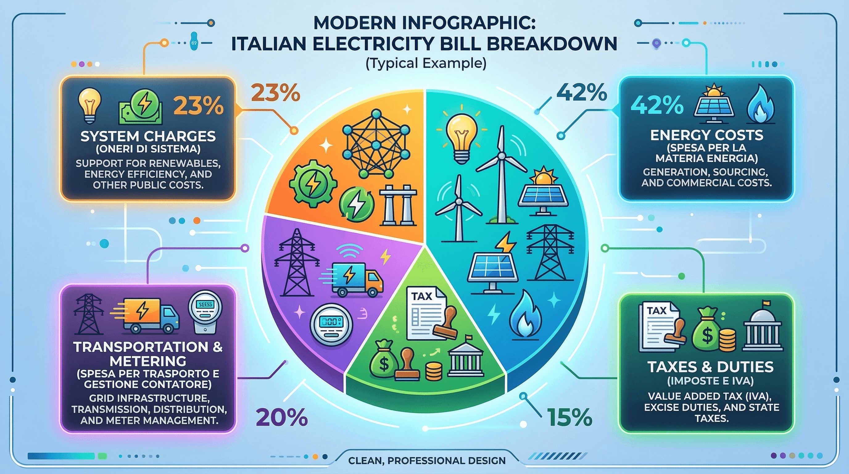 Grafico della composizione percentuale della bolletta elettrica italiana
