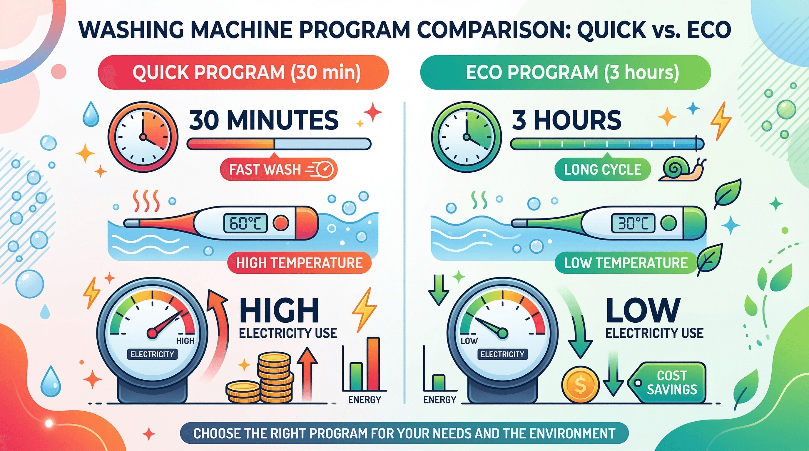 Confronto infografico tra programma rapido e ECO di lavatrice con consumi energetici