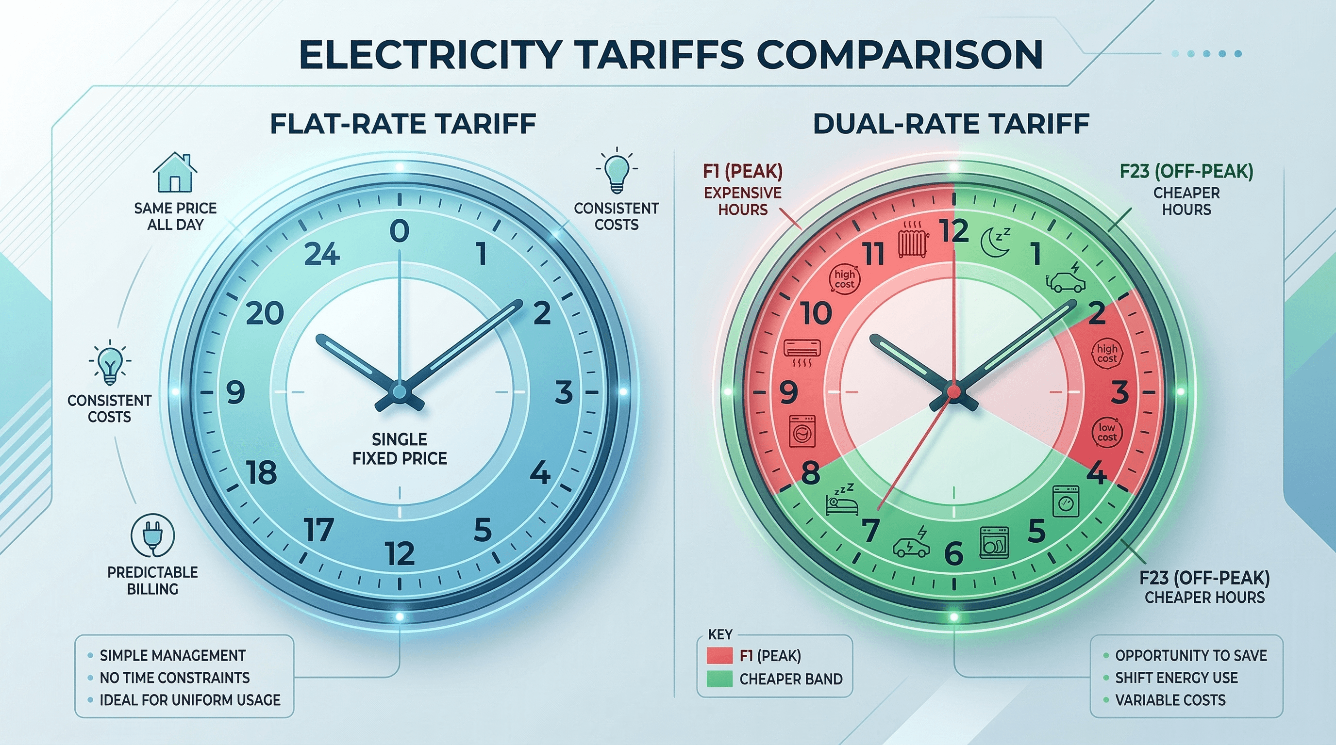 Confronto visivo tra tariffa monoraria e bioraria con orologi che mostrano le diverse fasce orarie